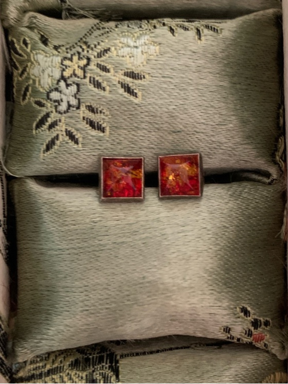 Square Amber Stud Earrings in Silver Setting